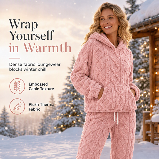 ☁️ Cloud-Soft Comfort, Easy Coordinated Lounging | Women's Fuzzy Fabric Loungewear 2-Piece Hoodie and Pants Set