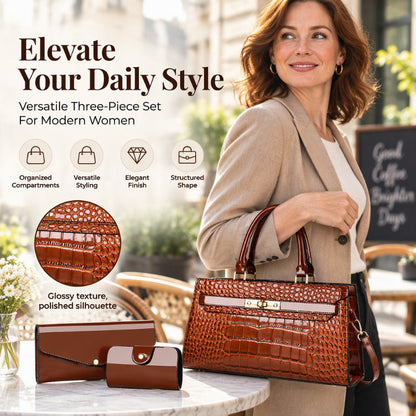 👜 Refined Texture, Easy Coordinated Carry | Women's Crocodile Pattern Handbag 3-Piece Set