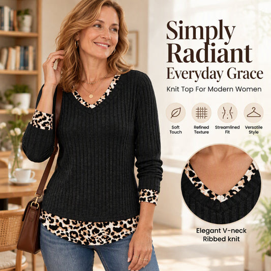 👚 Effortless Layered Look, Flattering Neckline | Women's 2-in-1 Layered V-Neck Ribbed Knit Top