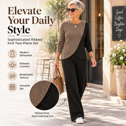🧶 Bold Contrast Look, Easy Coordinated Comfort | Women's Casual Color Block Ribbed Knit 2-Piece Set
