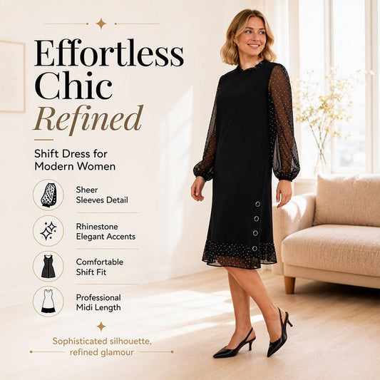 👗 Graceful Silhouette, Sheer Dotted Sleeve Detail | Women's Elegant Dress with Sheer Dotted Sleeves