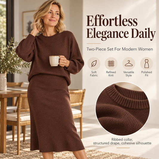 🧶 Soft Touch Comfort, Easy Coordinated Look | Women's Knit Crewneck Top & Midi Skirt Set