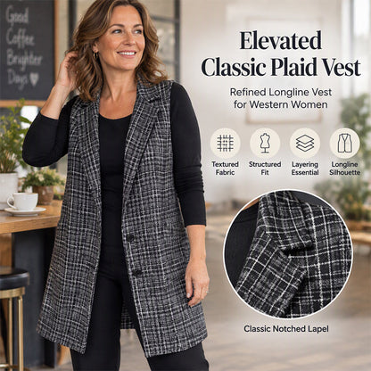 🍂 Timeless Check, Elongated Layering | Women's Plaid Notched Lapel Longline Vest