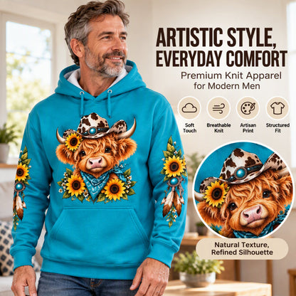🐮 Eye-Catching Cow Print, Handy Pocket Storage | Men's Highland Cow Printed Hoodie with Pocket