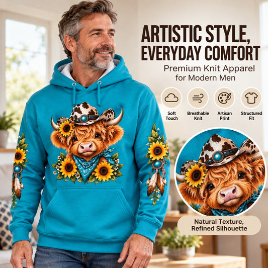 🐮 Eye-Catching Cow Print, Handy Pocket Storage | Men's Highland Cow Printed Hoodie with Pocket