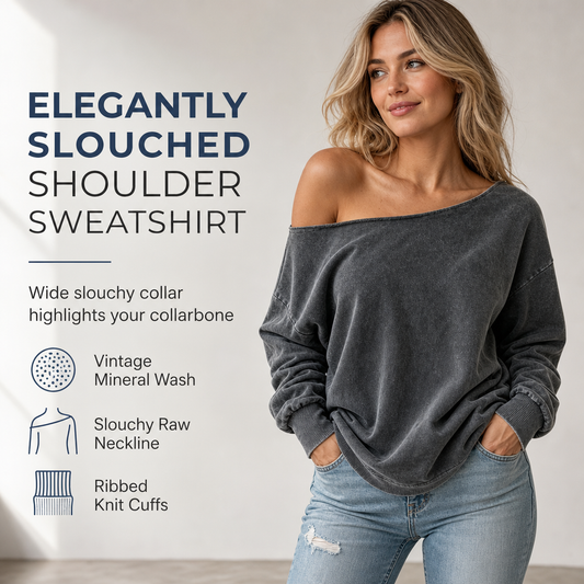👚 Elegant Shoulder Line, Washed Relaxed Comfort | Women's Casual Off Shoulder Mineral Wash Oversized Slouchy Sweatshirt