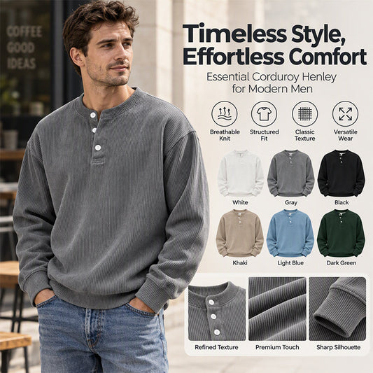 🧵 Retro Ribbed Texture, Adjustable Neckline | Men's Casual Corduroy Long Sleeve Henley Top