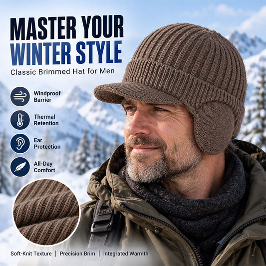 🧢 Cozy Ear Coverage, Structured Brim Detail | Men's Winter Knit Beanie Hat with Brim & Ear Flaps