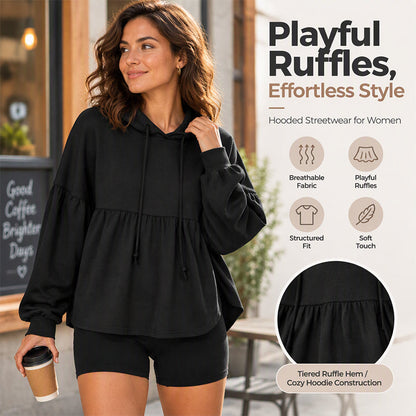 👚 Relaxed Easy Comfort, Flowing Hem Detail | Women's Loose Ruffle Hem Hooded Sweatshirt