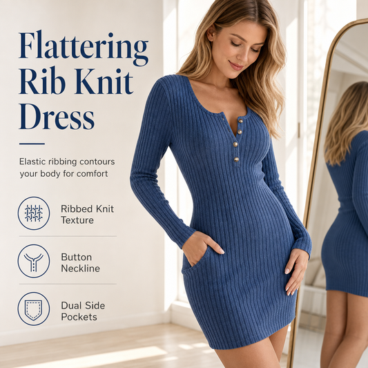 🍂 Flattering Silhouette, Easy Seasonal Styling | Women's Autumn Winter Solid Color Long Sleeve Slim Fit Bodycon Button Dress