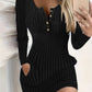🍂 Flattering Silhouette, Easy Seasonal Styling | Women's Autumn Winter Solid Color Long Sleeve Slim Fit Bodycon Button Dress