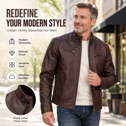 🧥 Sleek Modern Look, Structured Collar Detail | Men's Stylish Stand Collar PU Leather Jacket