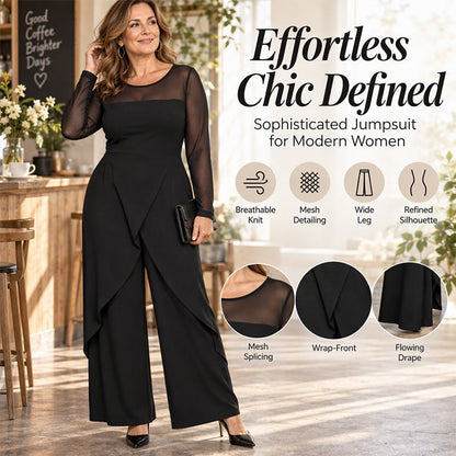 ✨ Sheer Panel Detail, Flowing Layer Silhouette | Women's Elegant Mesh Long Sleeve Jumpsuit with Wrap Overlay