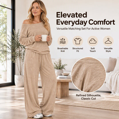 👚 Elegant Shoulder Line, Easy Coordinated Comfort | Women's Off-Shoulder Long Sleeve Top & Wide-Leg Pants Set