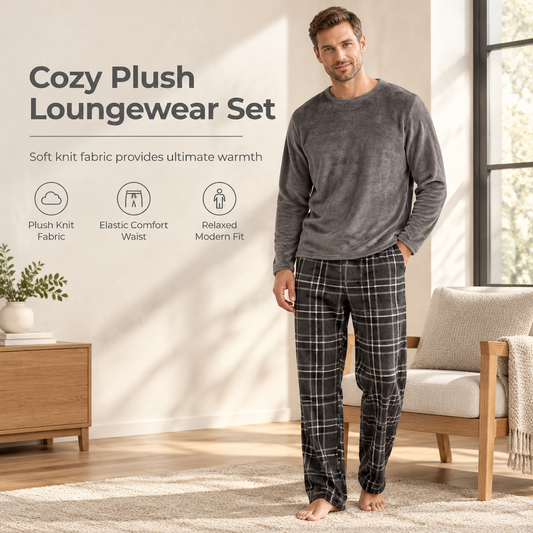 Men's Soft Plush Knit Loungewear Pajama Set with Solid Crewneck Top and Plaid Pants🔥𝙁𝙧𝙚𝙚 𝙎𝙝𝙞𝙥𝙥𝙞𝙣𝙜