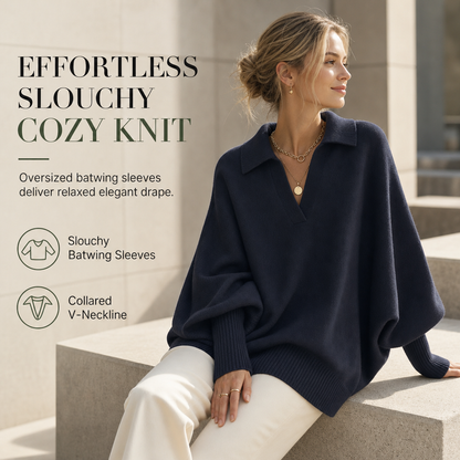 🧶 Relaxed Drape Comfort, Polished Collar Detail | Women's Loose Fit Collared Knit Sweater Casual Slouchy Solid Color Long Sleeve Knitwear
