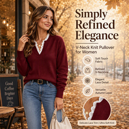 🧶 Polished Neckline, Delicate Edging Detail | Women's Mock Neck Lace Trim Knit Sweater