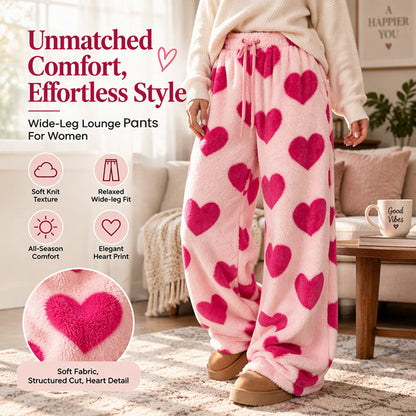 💕 Sweet Print, Cloud-Soft Comfort | Women's Heart Print Plush Wide-Leg Pants