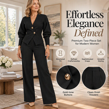 ✨ Feminine Sleeve Volume, Polished Coordinated Look | Women's Elegant Puff Sleeve Blazer and Wide-Leg Pants Set