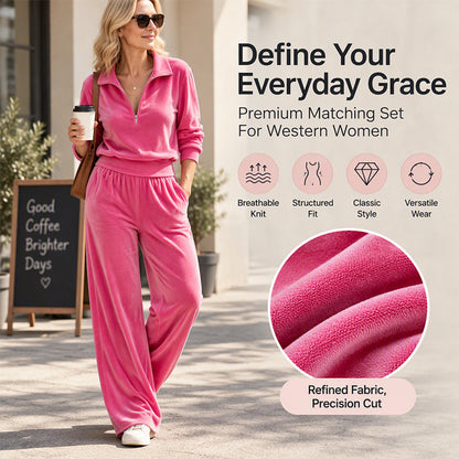 🍂 Easy Half-Zip Wear, Retro Charm | Women's Retro Half-Zip Pullover & Wide-Leg Pants Set