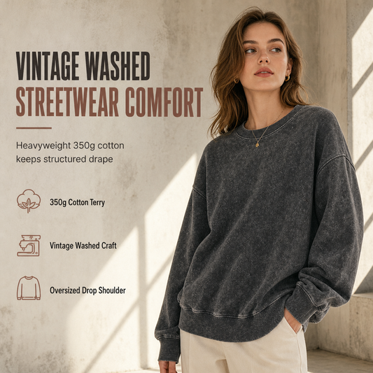 🧥 Faded Retro Charm, Substantial Structured Comfort | Unisex Vintage Washed Heavyweight Crewneck Pullover Sweatshirt
