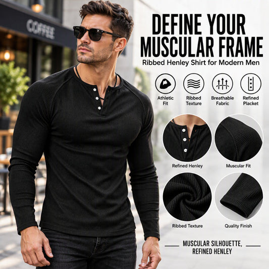 👕 Adjustable Neckline, Textured Comfort | Men's Casual Slim Fit Ribbed Henley T-Shirt