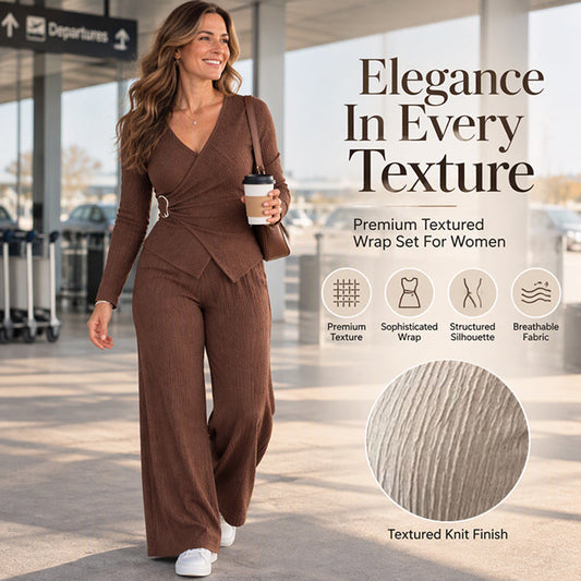 ✨ Waist-Defining Silhouette, Leg-Elongating Flow | Women's Textured Asymmetric Wrap Top & Wide-Leg Pants Set